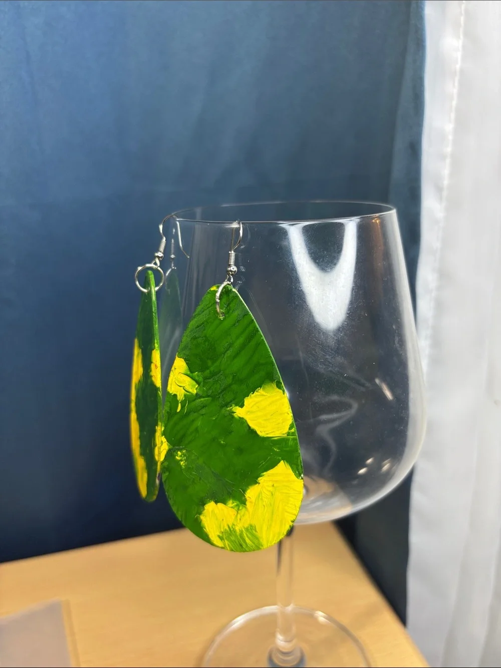 Hand-Painted Green and Yellow Teardrop Earrings - Unbranded